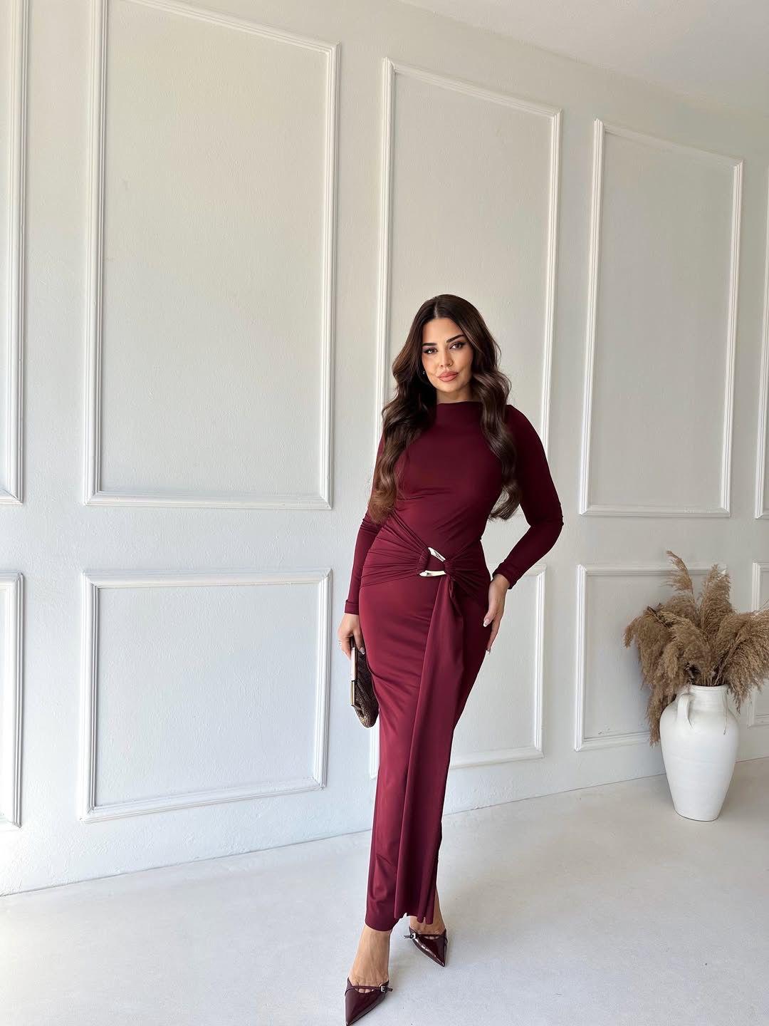 Elegant Draped Ring Detail Maxi Dress – Wine