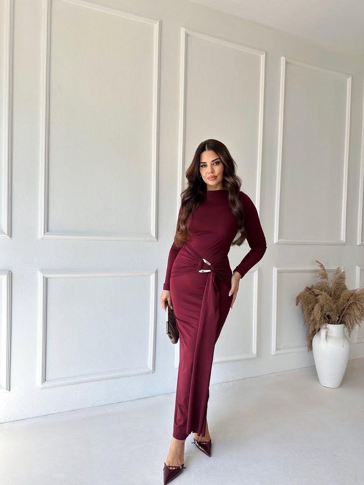 Elegant Draped Ring Detail Maxi Dress – Wine