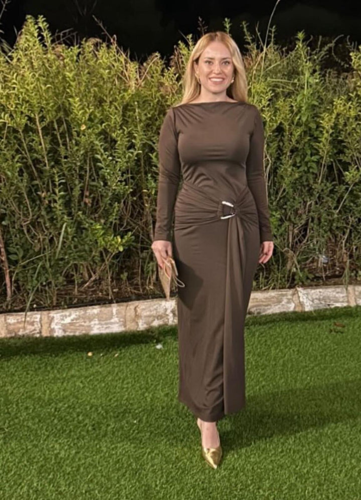 Elegant Draped Ring Detail Maxi Dress – Chocolate
