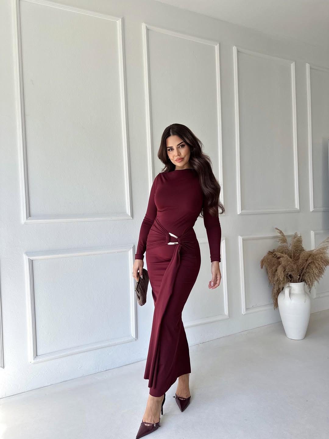 Elegant Draped Ring Detail Maxi Dress – Wine