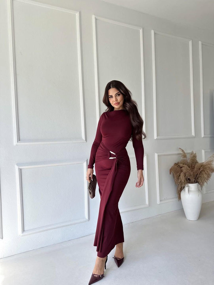 Elegant Draped Ring Detail Maxi Dress – Wine