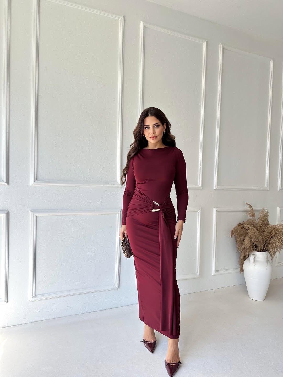 Elegant Draped Ring Detail Maxi Dress – Wine