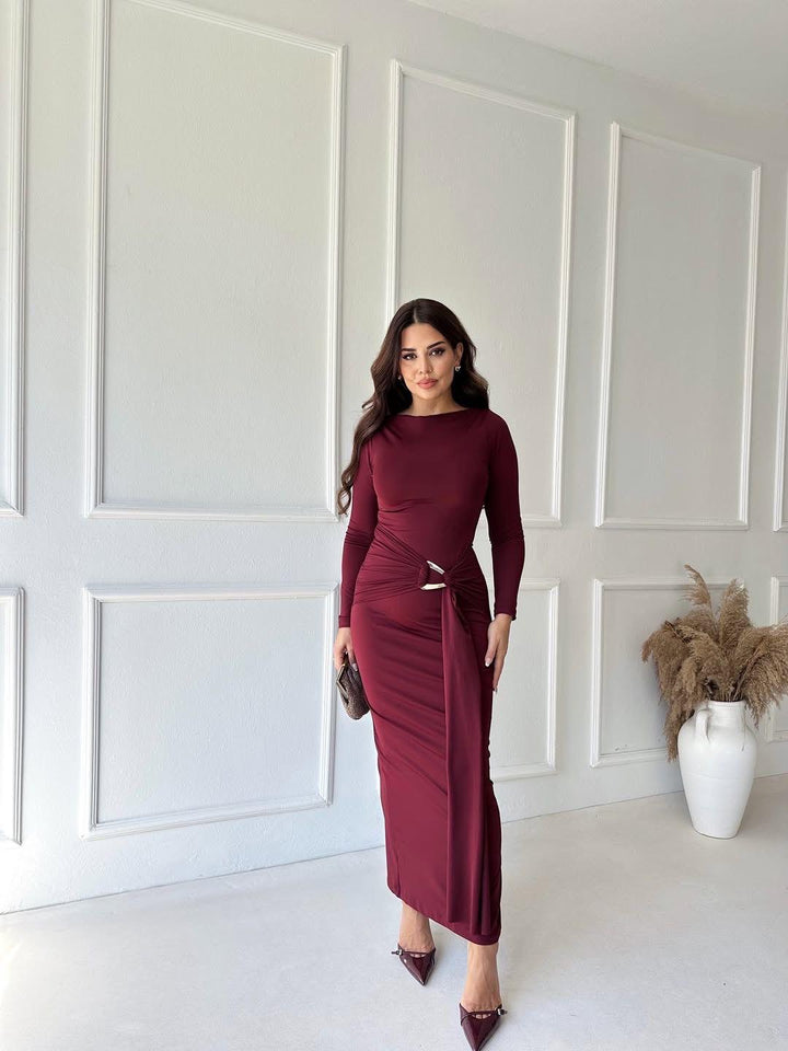 Elegant Draped Ring Detail Maxi Dress – Wine