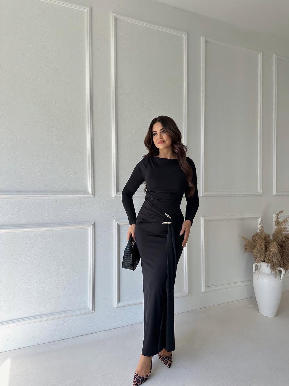 Elegant Draped Ring Detail Maxi Dress – Black - jqwholesale.com