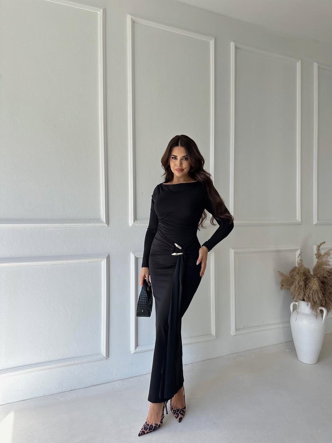 Elegant Draped Ring Detail Maxi Dress – Black - jqwholesale.com