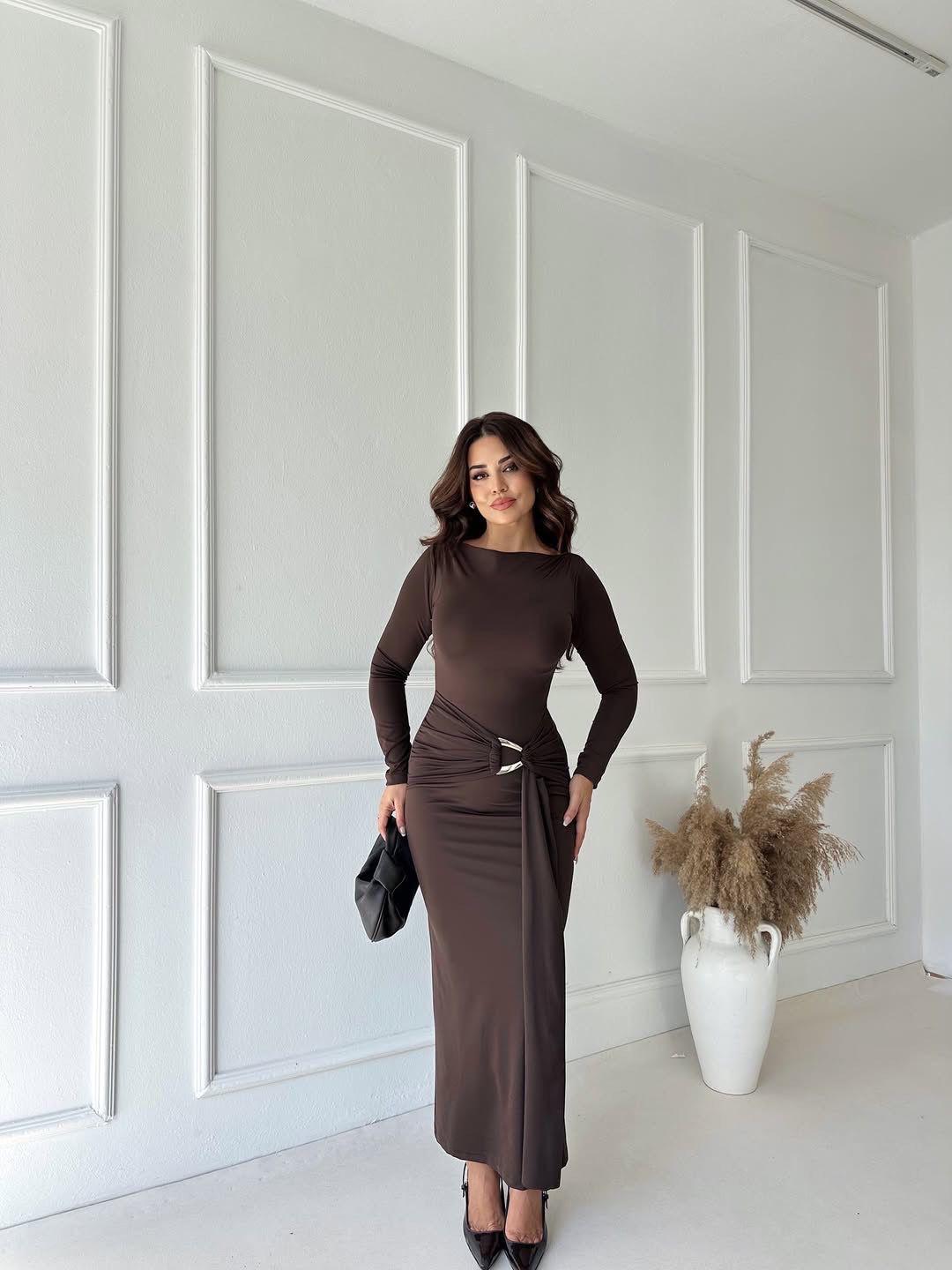 Elegant Draped Ring Detail Maxi Dress – Chocolate - jqwholesale.com