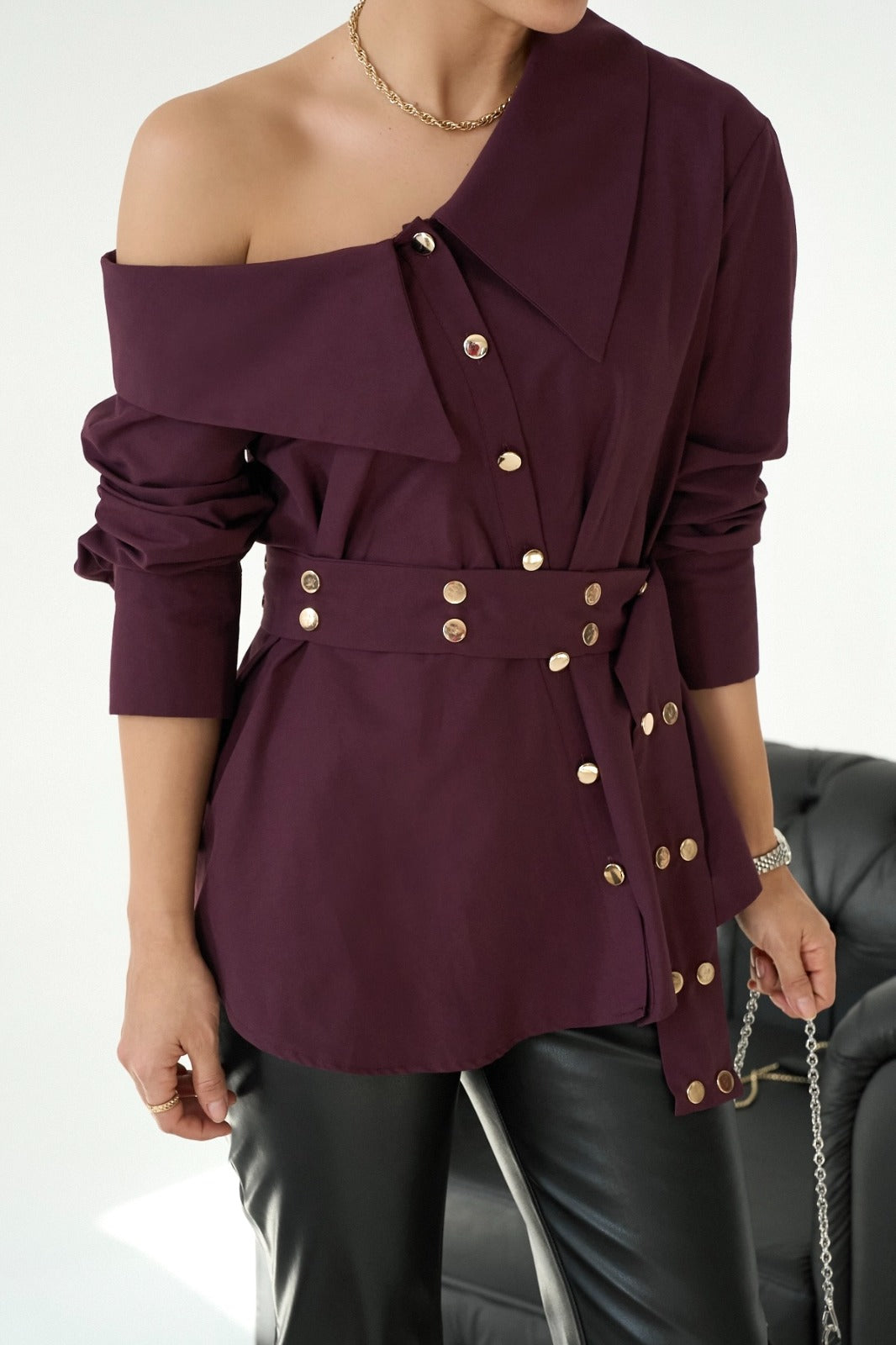 Asymmetric Button Detail Shirt – Burgundy