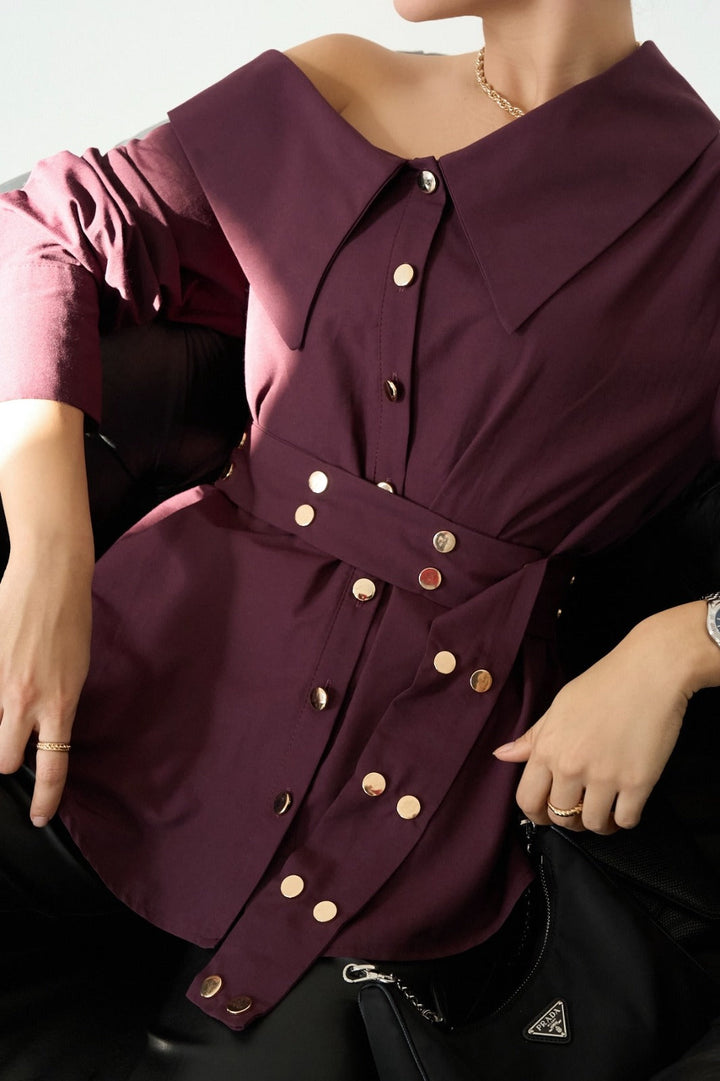 Asymmetric Button Detail Shirt – Burgundy