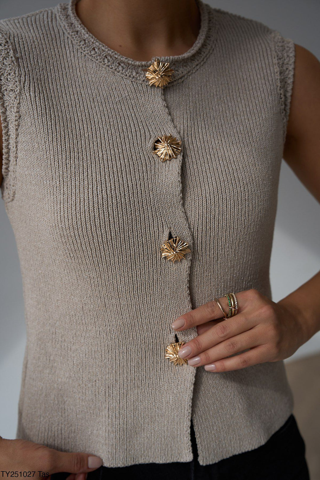 Sleeveless Gold-Button Knit Vest in Stone