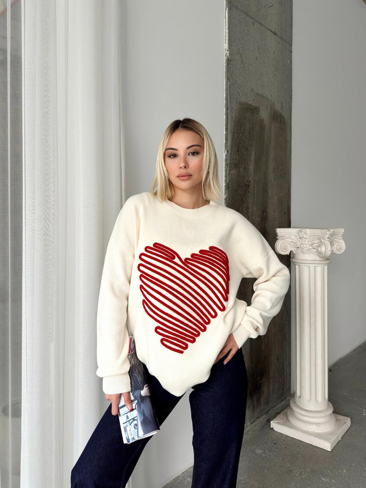 Heart Motif Knit Jumper in Ecru & Red