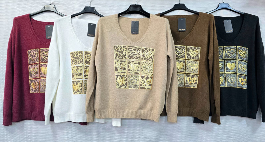 Heart Diamante V Neck Fine Knit