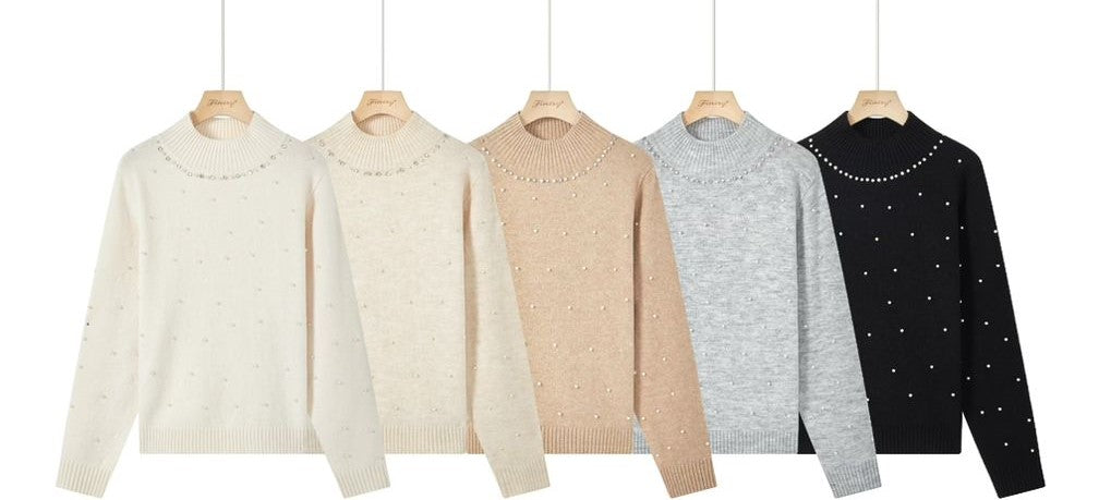 Pearl Diamante Detail Turtle Ribbed Knit (2p.pack)