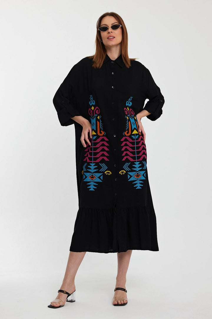 Embroidered Tiered Midi Dress with Button-Through Front in Black