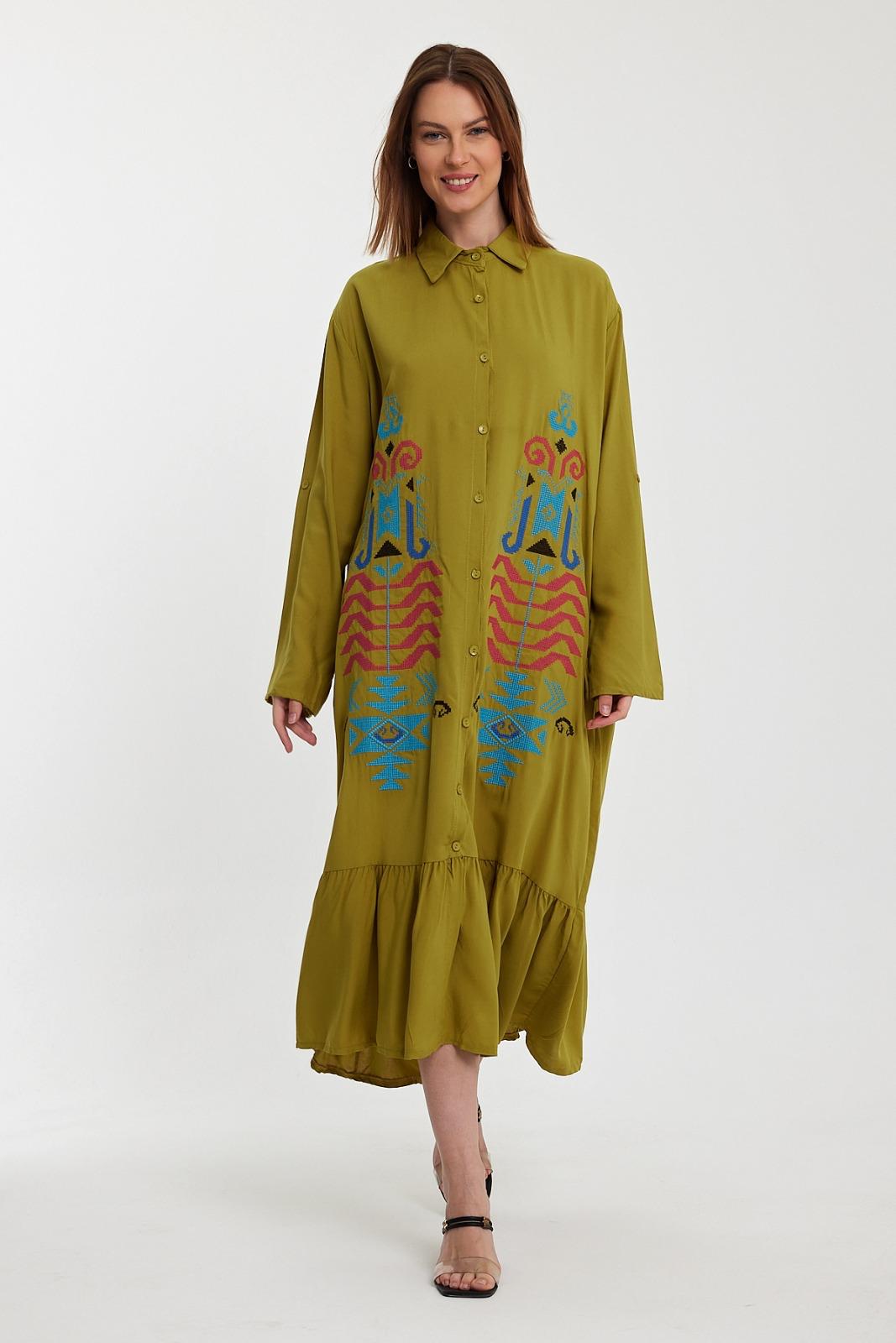 Embroidered Tiered Midi Dress with Button-Through Front in Mustard