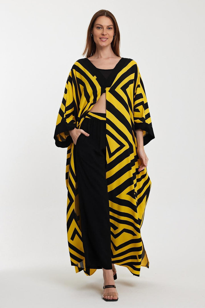 Geometric Print Maxi Trousers & Long Kimono Set in Yellow