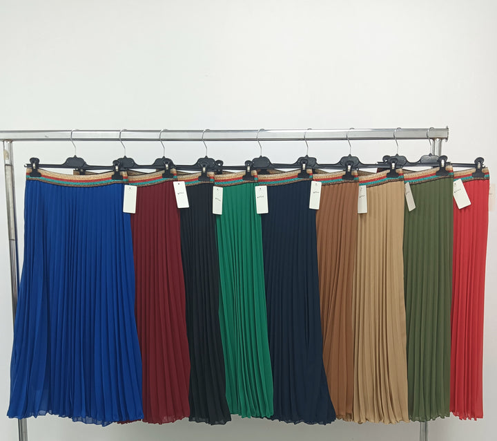 Pleated Midi Skirt with Rainbow Elasticated Waistband - jqwholesale.com