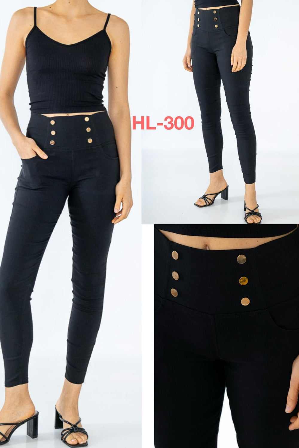 (3P. PACK) High Waist Gold Button Stretch Trousers - jqwholesale.com