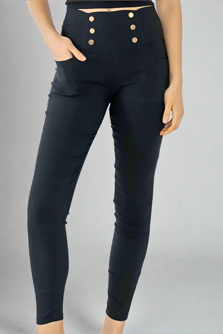 (3P. PACK) High Waist Gold Button Stretch Trousers - jqwholesale.com