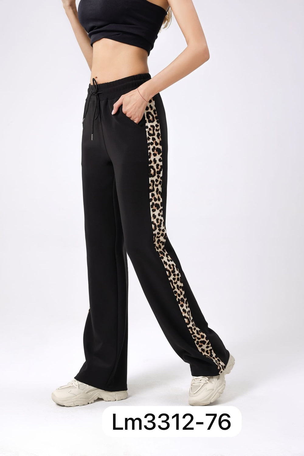 (4P.PACK) Wide Leg Leopard Trim Trousers - jqwholesale.com