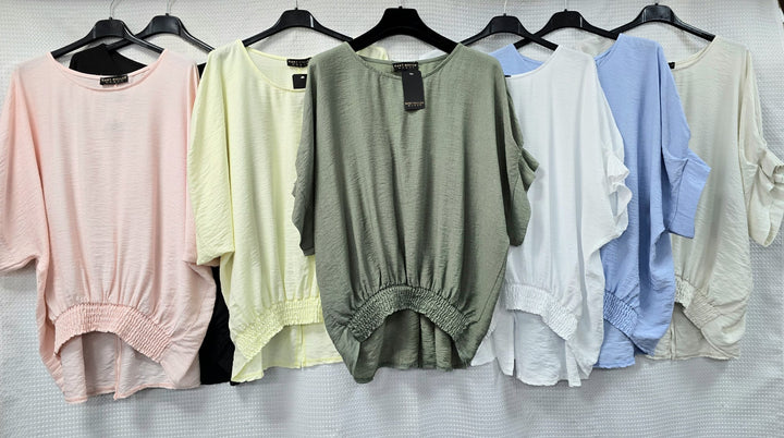 Linen Look High Low Slub Ruffle Sleeve Blouse - jqwholesale.com