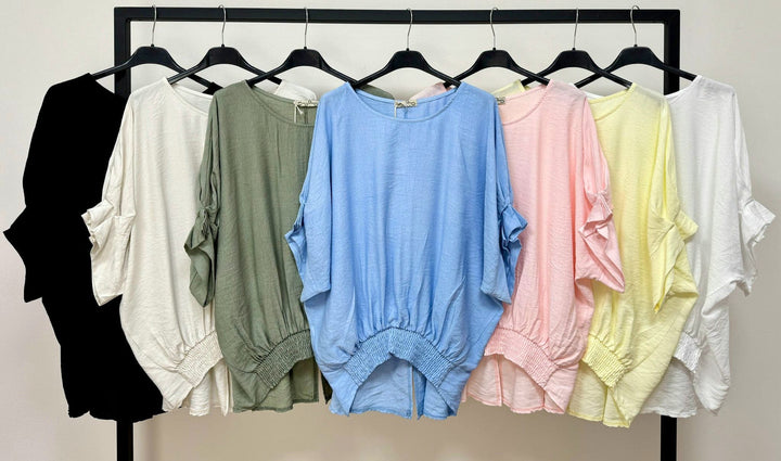 Linen Look High Low Slub Ruffle Sleeve Blouse - jqwholesale.com