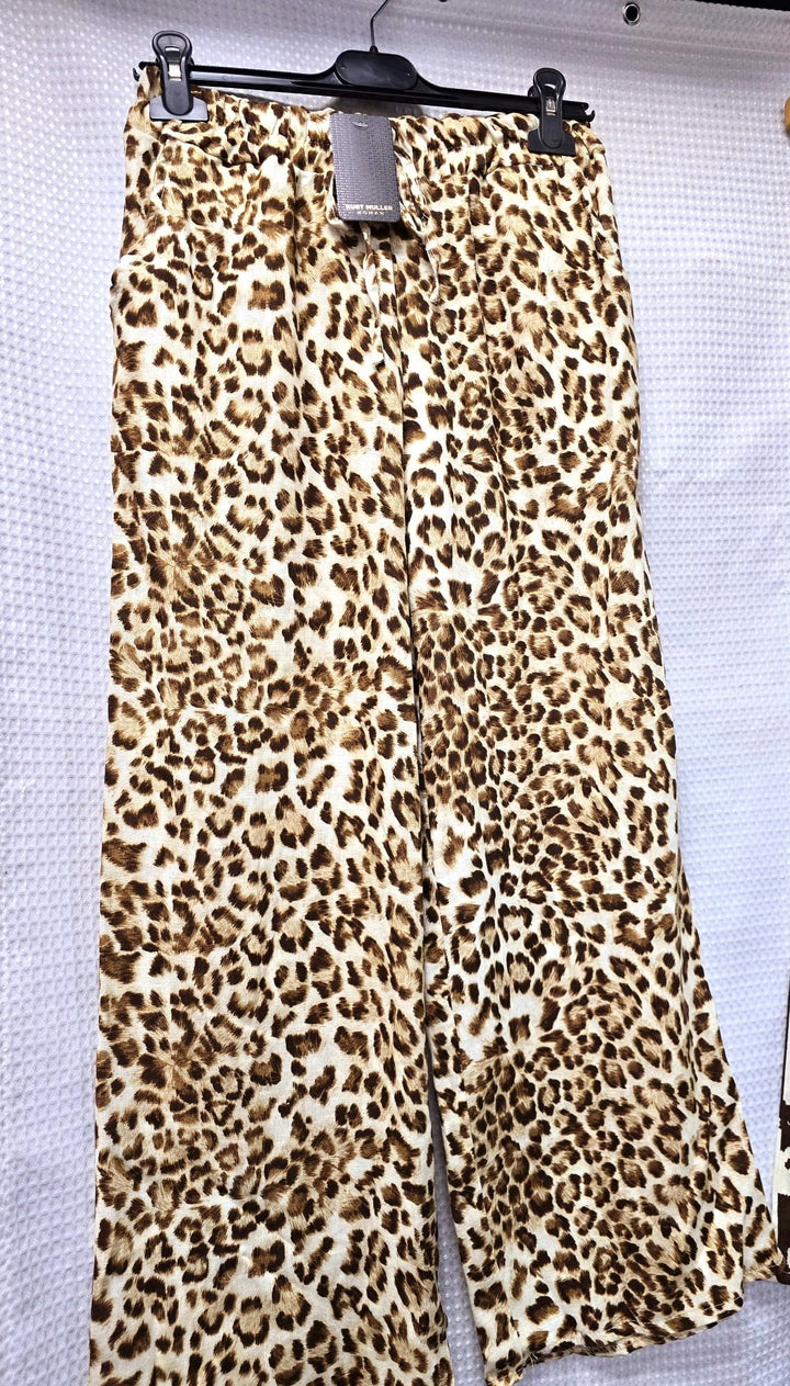 Animal Printed Linen Blend Wide Leg Trousers