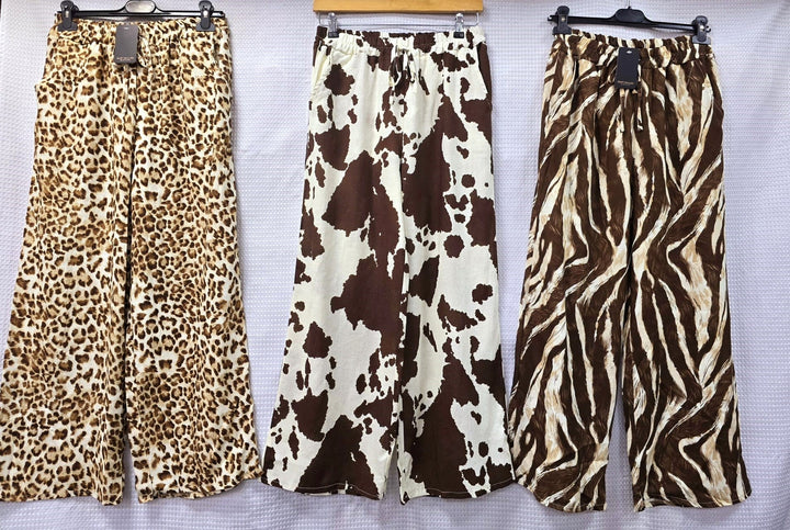 Animal Printed Linen Blend Wide Leg Trousers