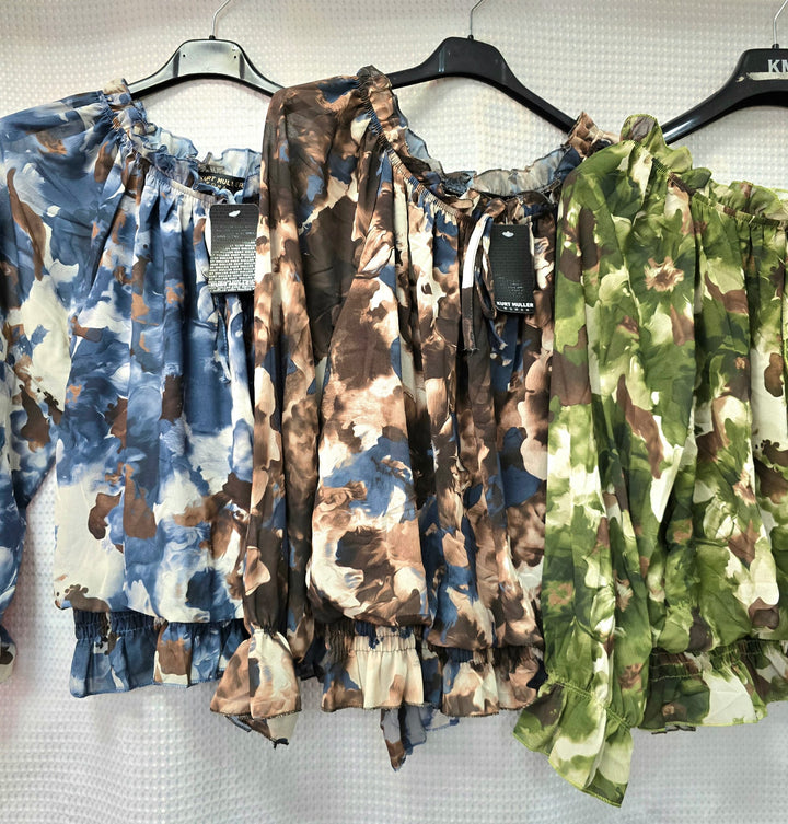 Abstract Floral Ruffle Bardot Blouse - jqwholesale.com