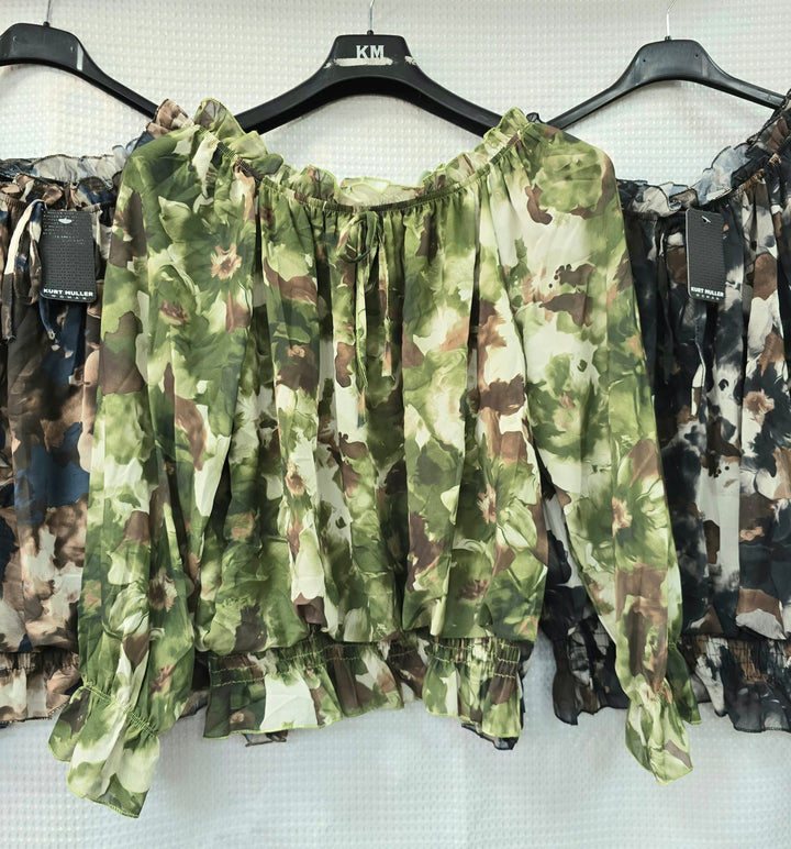 Abstract Floral Ruffle Bardot Blouse - jqwholesale.com