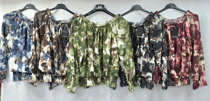 Abstract Floral Ruffle Bardot Blouse - jqwholesale.com