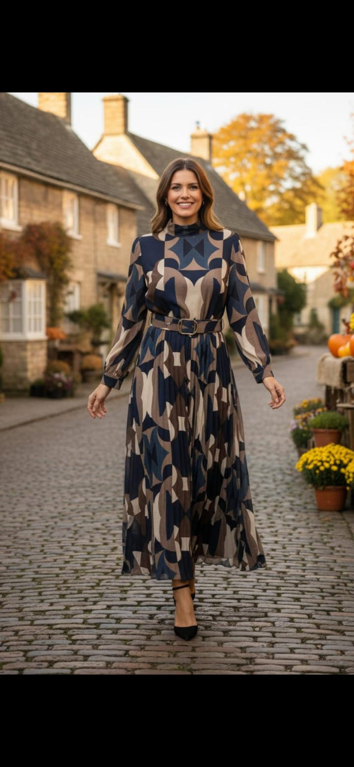 Vivian Belted Long Sleeve Plisse Maxi Dress