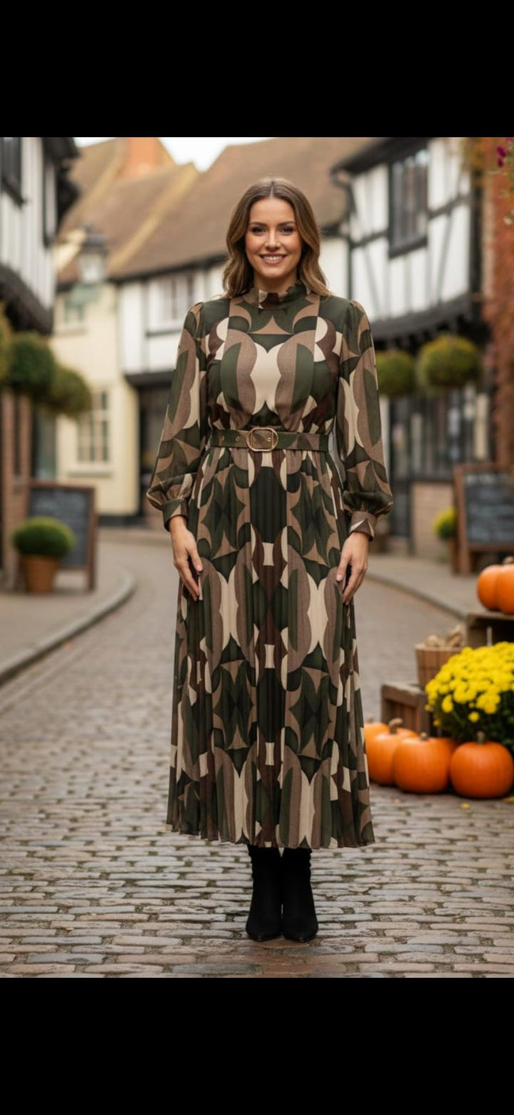 Vivian Belted Long Sleeve Plisse Maxi Dress