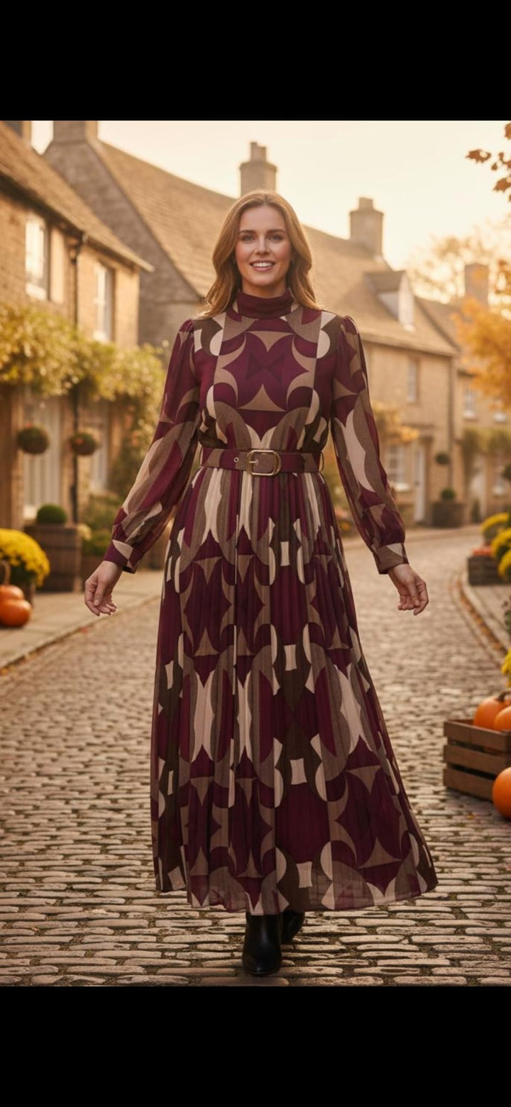 Vivian Belted Long Sleeve Plisse Maxi Dress