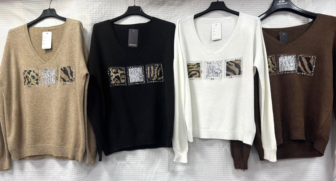 Animal Sequin Embellished V Knit Jumper