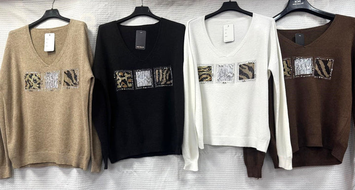 Animal Sequin Embellished V Knit Jumper