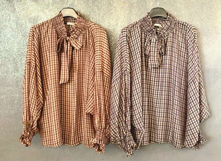 Oversized Drop sleeve BB Check Bow Tencel blouse - jqwholesale.com