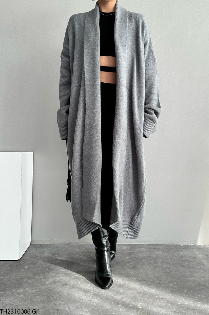 Soft Knit Longline Open Cardigan - Grey