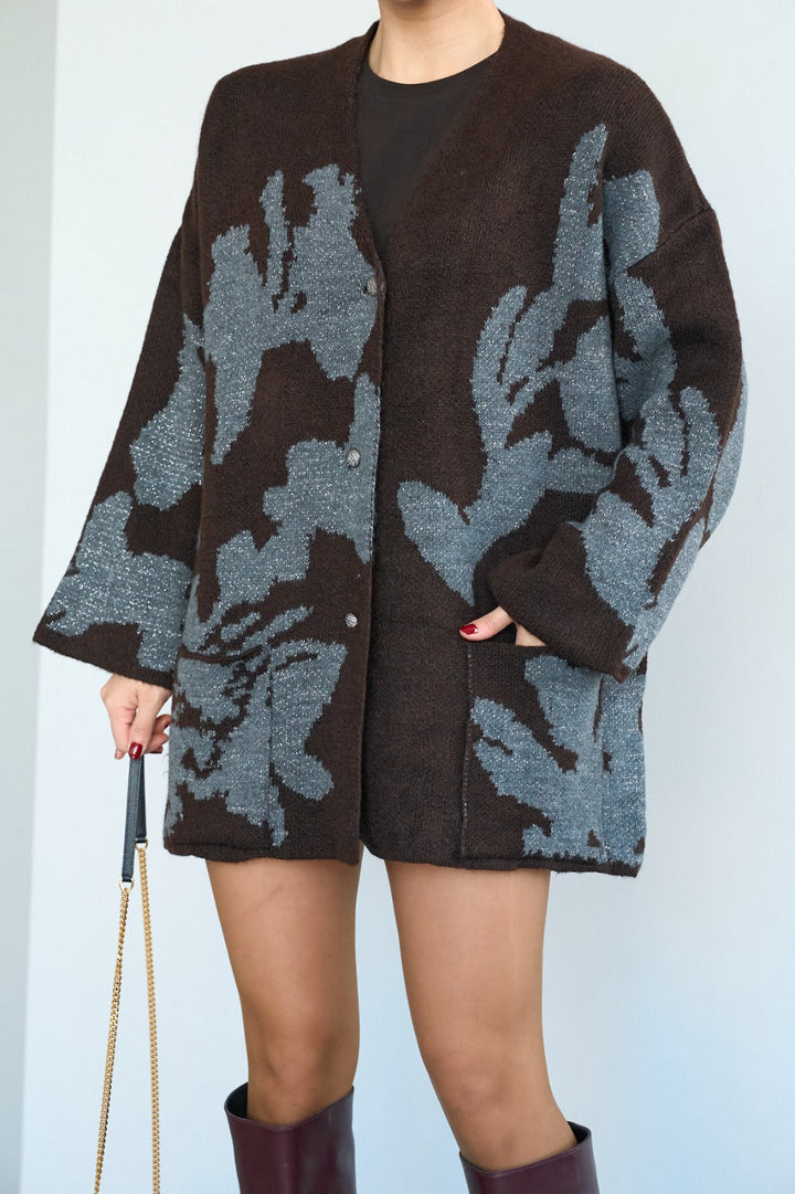 Metallic Jacquard Floral Knit Cardigan – Brown/Grey