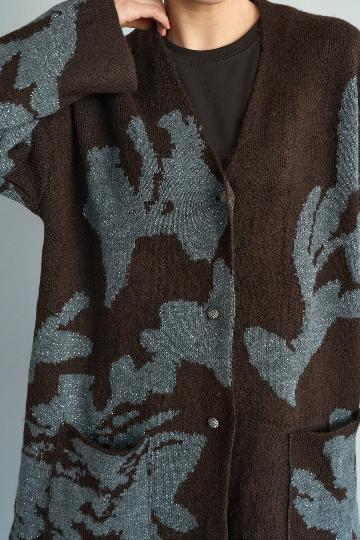 Metallic Jacquard Floral Knit Cardigan – Brown/Grey
