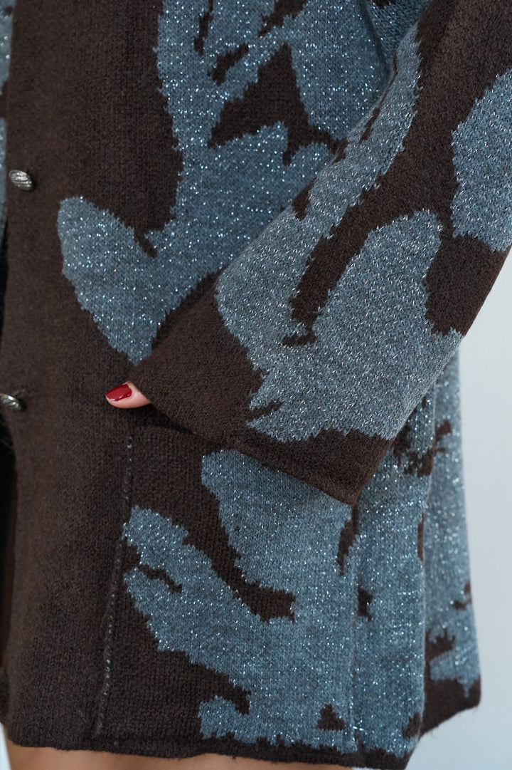 Metallic Jacquard Floral Knit Cardigan – Brown/Grey