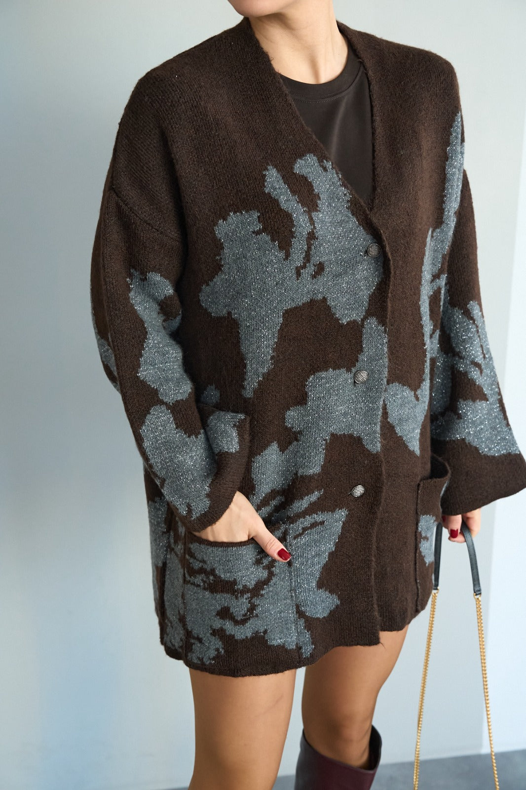 Metallic Jacquard Floral Knit Cardigan – Brown/Grey