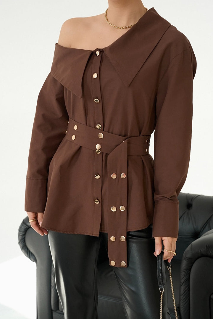 Asymmetric Button Detail Shirt – Brown