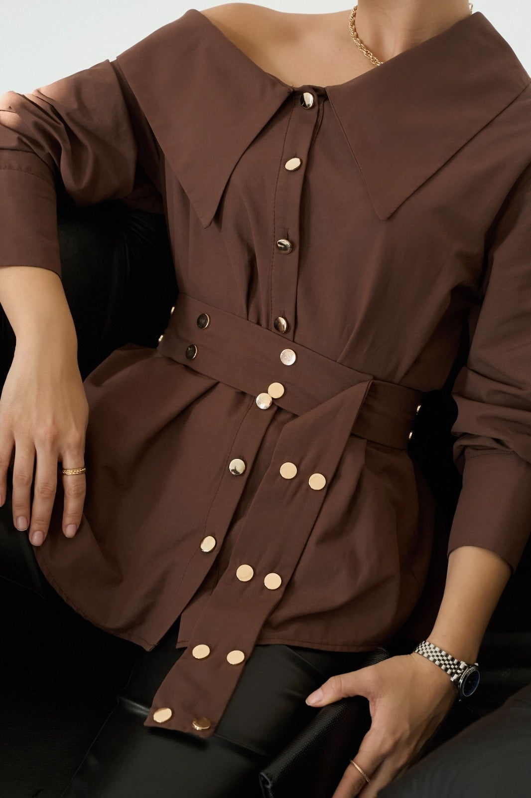 Asymmetric Button Detail Shirt – Brown