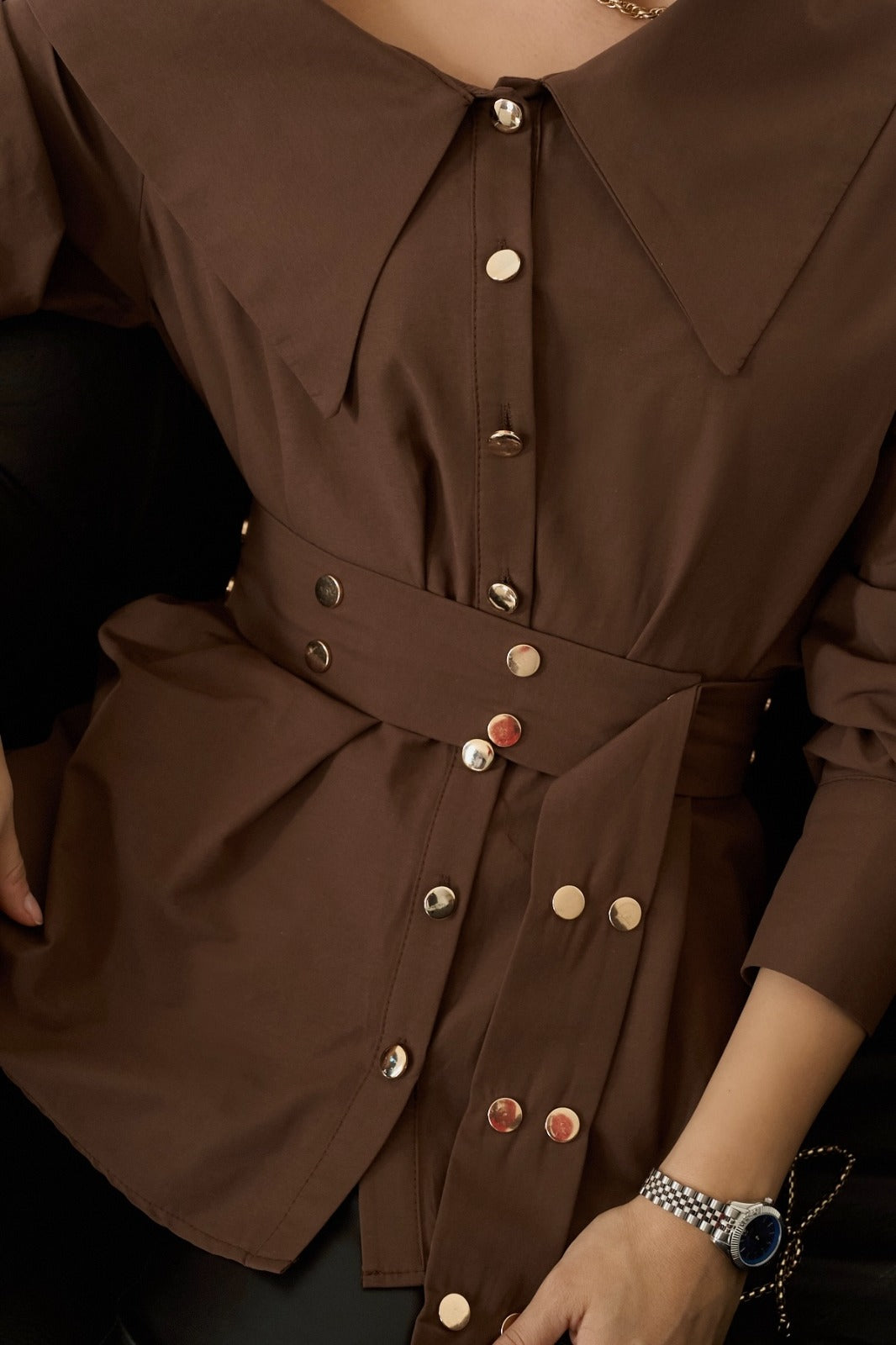 Asymmetric Button Detail Shirt – Brown