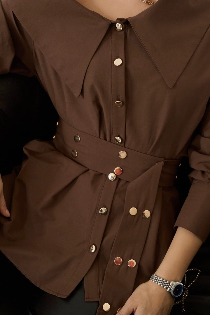 Asymmetric Button Detail Shirt – Brown