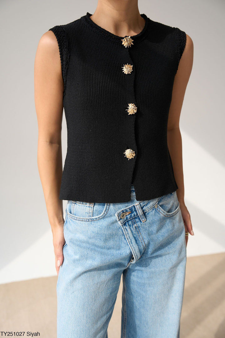 Sleeveless Gold-Button Knit Vest in Black