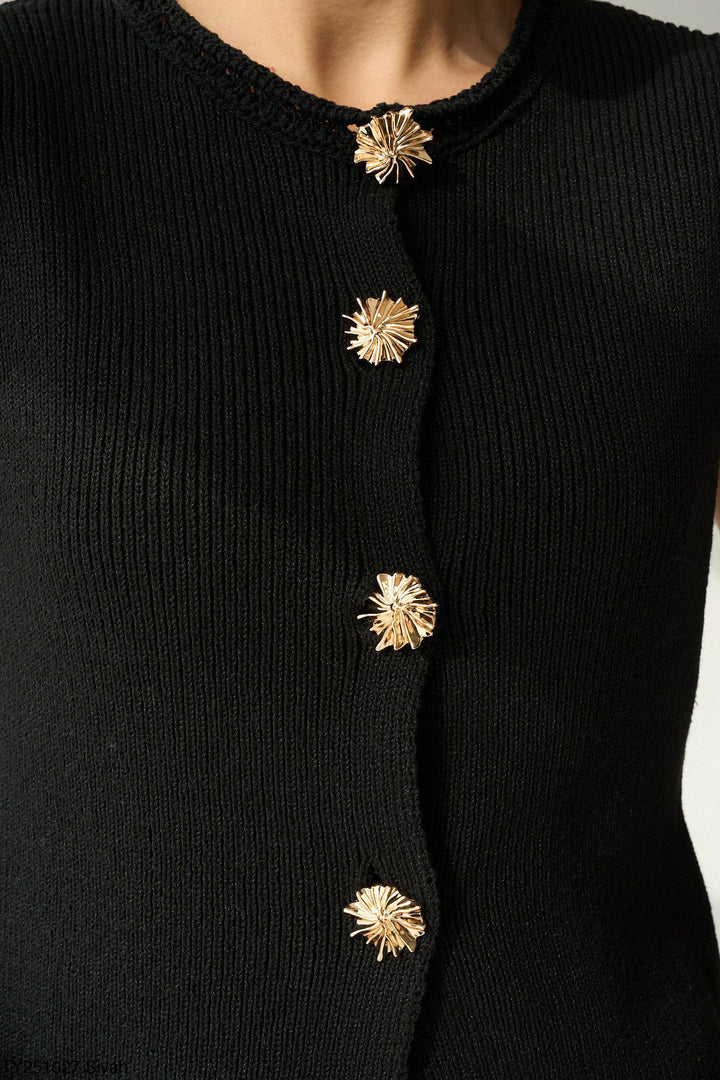 Sleeveless Gold-Button Knit Vest in Black