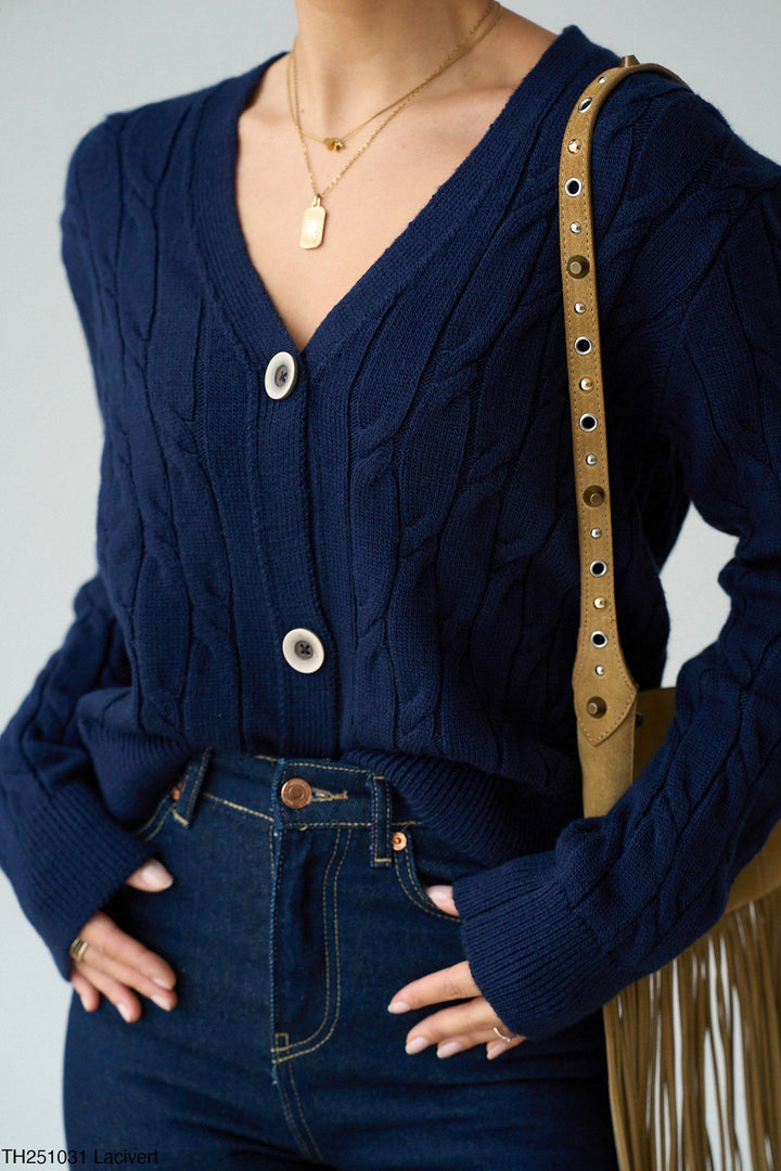 Button Detail Cable Knit Cardigan – Navy