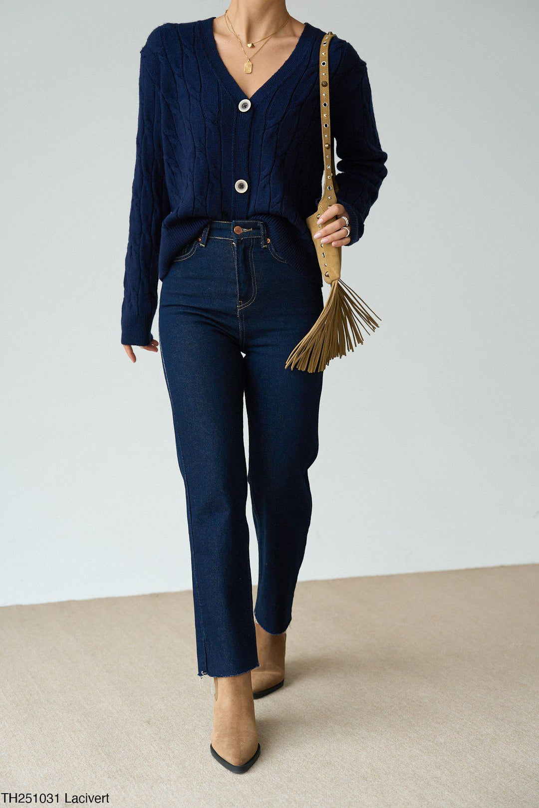 Button Detail Cable Knit Cardigan – Navy