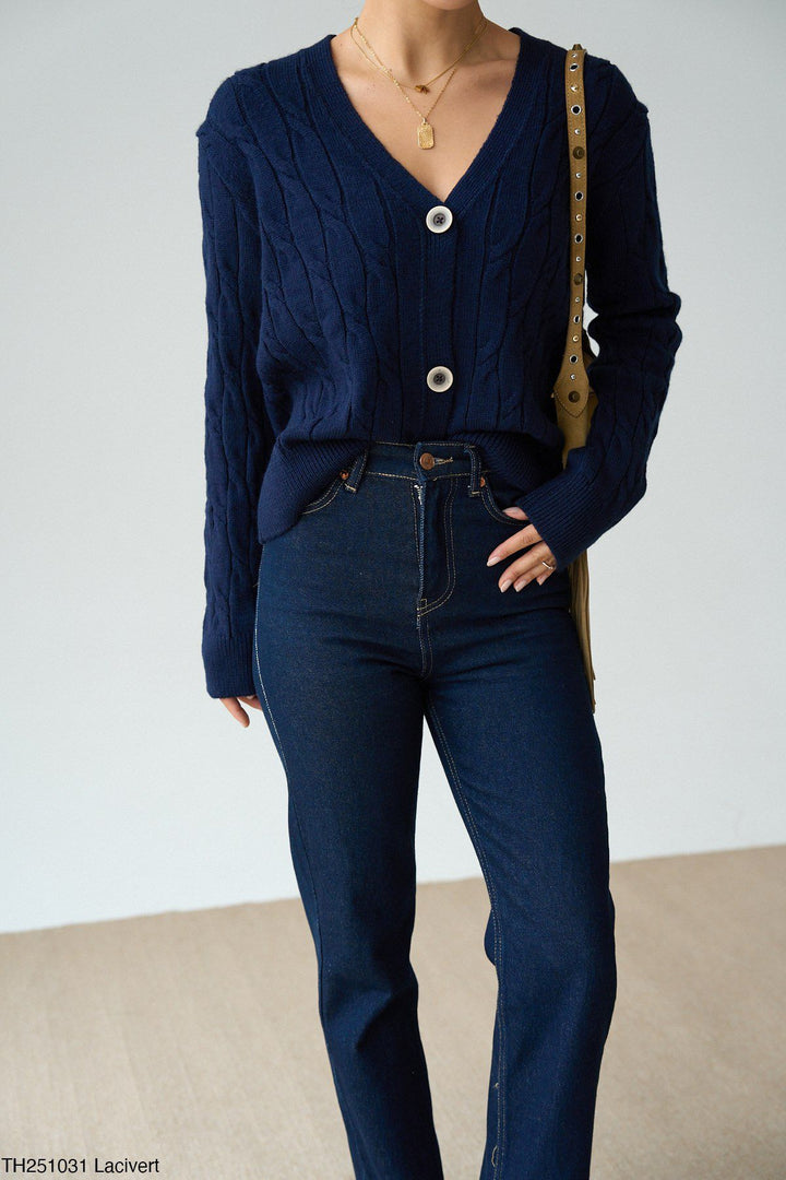Button Detail Cable Knit Cardigan – Navy